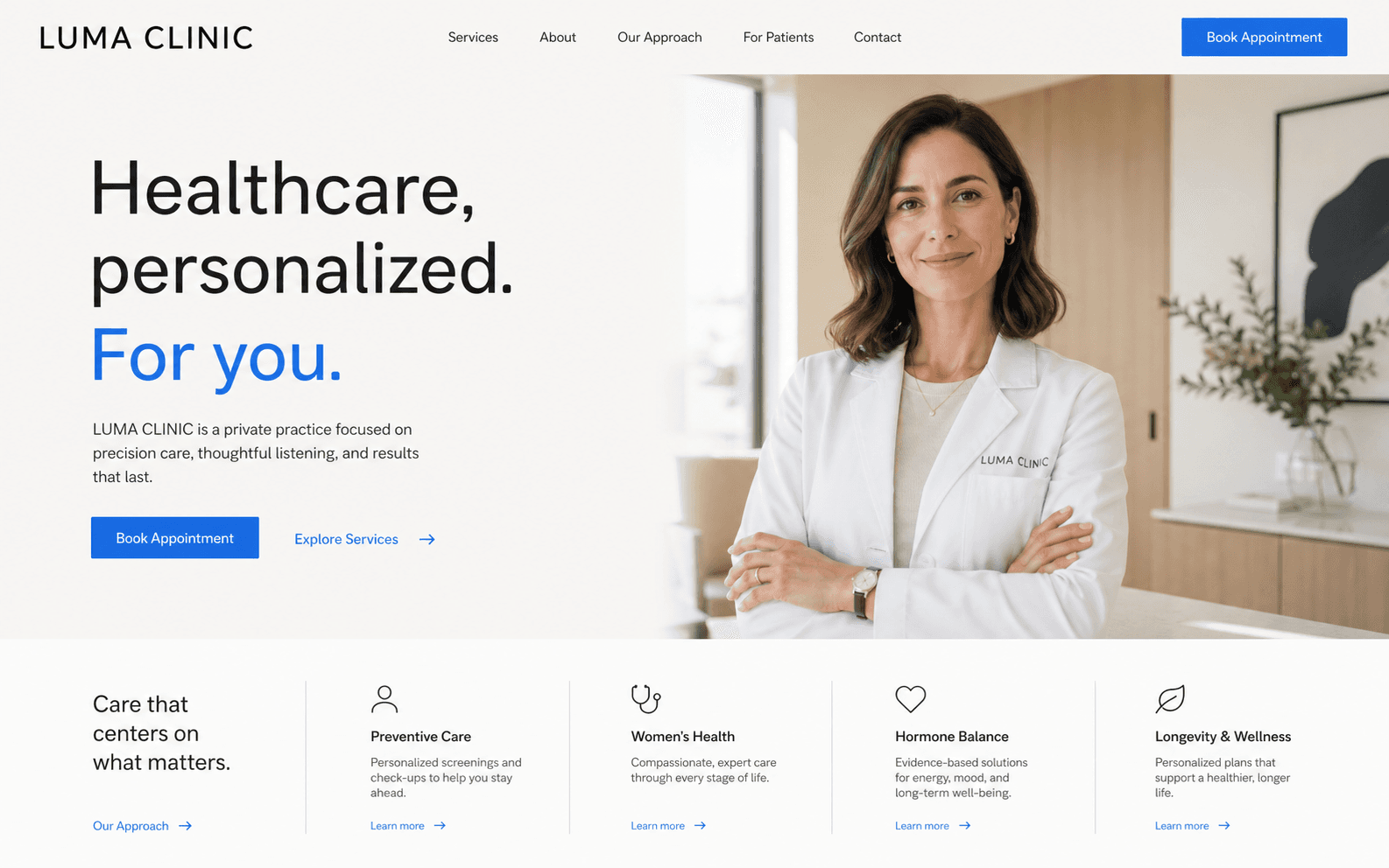 Conceito de landing page para a Luma Clinic